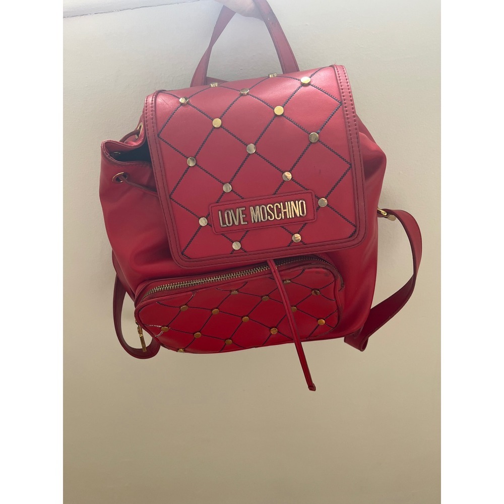 Love Moschino Red Quilted Studded Faux Leather Backpack Gold Hardware Logo Bag